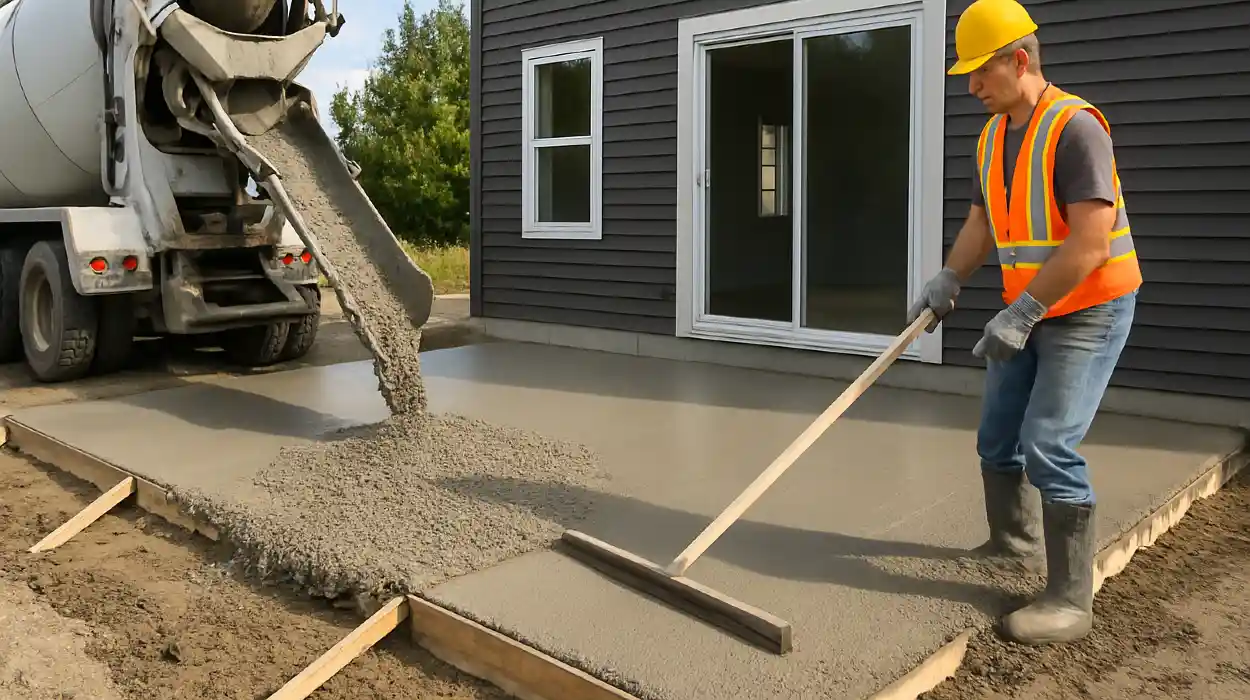 a man spreading the cement a truck is pouring to build a patio from ES Concrete Solutions in Bastrop, TX - Bastrop TX