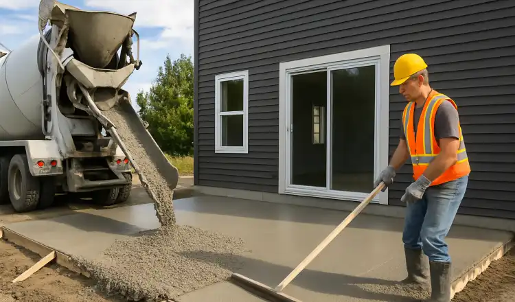 a man spreading the cement a truck is pouring to build a patio from ES Concrete Solutions in Bastrop, TX - Bastrop TX