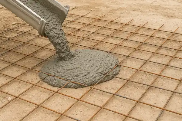 a cement truck pouring cement on a rebared ground from ES Concrete Solutions in Bastrop, TX - Bastrop TX