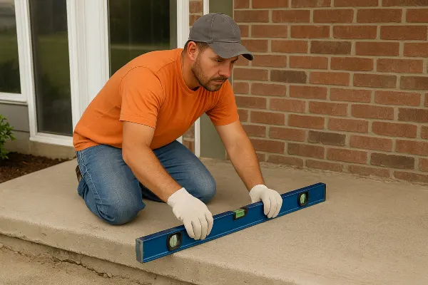 a male worker leveling a concrete slab porch from ES Concrete Solutions in Round Rock, TX - Commercial Concrete Repairs a male worker leveling a concrete slab porch from ES Concrete Solutions in Round Rock, TX - Commercial Concrete Repairs