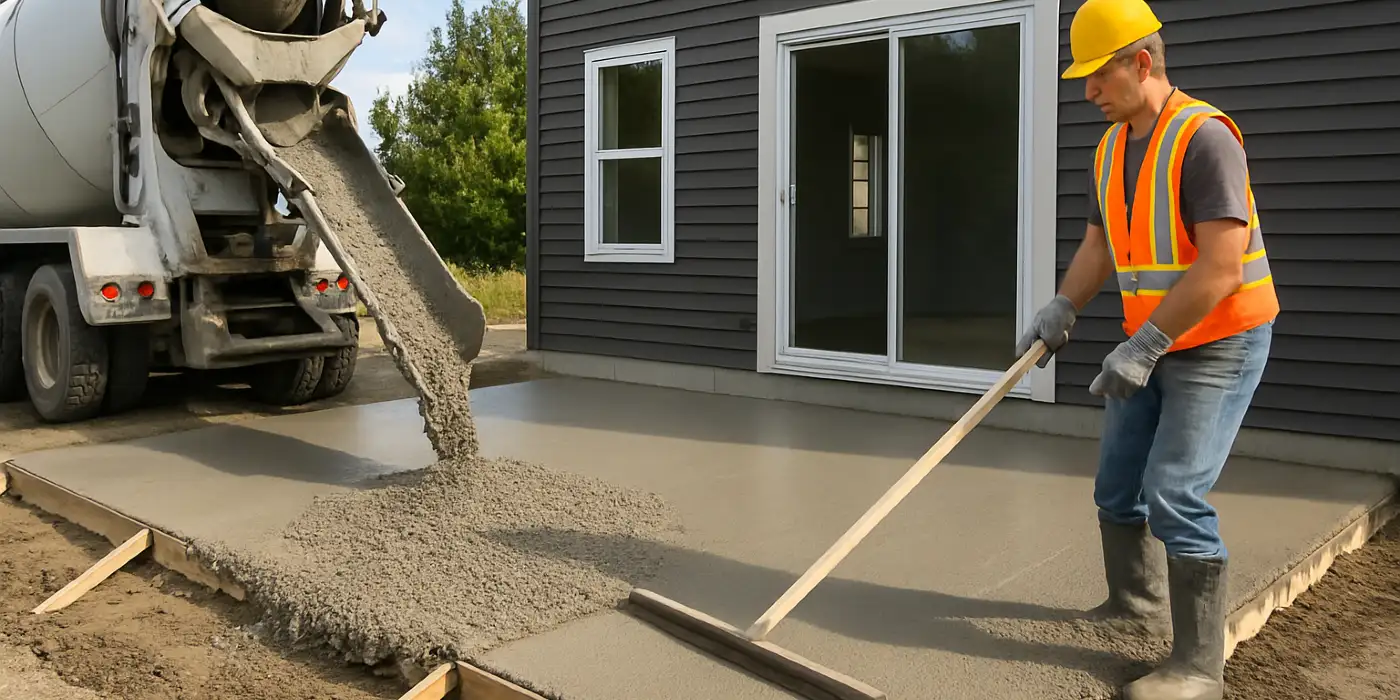 a man spreading the cement a truck is pouring to build a patio from ES Concrete Solutions in Round Rock, TX - concrete patios