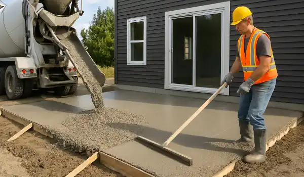 a man spreading the cement a truck is pouring to build a patio from ES Concrete Solutions in Round Rock, TX - concrete patios