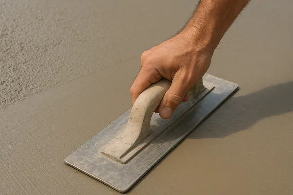 a hand trowel being used on a fresh cement slab from ES Concrete Solutions in Round Rock, TX - Concrete resurfacing