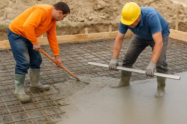 2 workers spreading fresh cement on a rebared ground from ES Concrete Solutions in Dallas, TX - Dallas TX