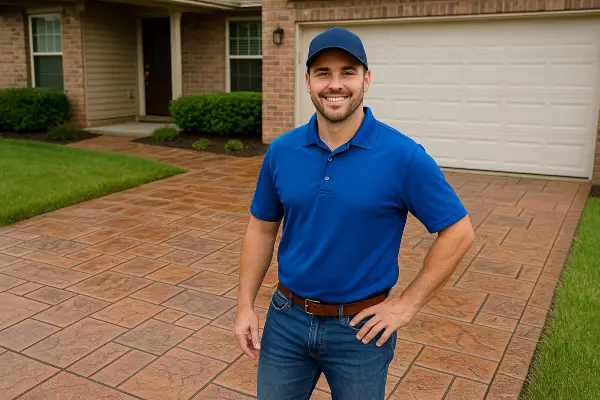 a concrete contractor smiling at the camera with stamped concrete behind him from ES Concrete Solutions in Georgetown, TX - Georgetown TX a concrete contractor smiling at the camera with stamped concrete behind him from ES Concrete Solutions in Georgetown, TX - Georgetown TX