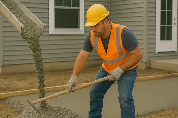 a man spreading the cement that a truck is pouring on the ground from ES Concrete Solutions in Houston, TX - Houston TX