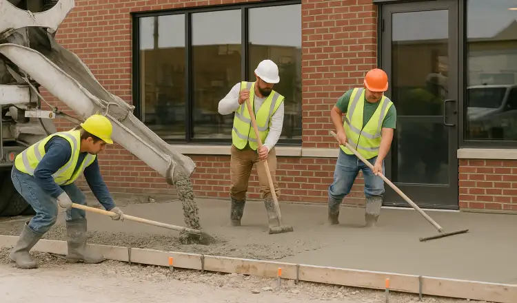 3 concrete contractors spreading concrete on the ground for a sidewalk from ES Concrete Solutions in Kyle, TX - Kyle TX 3 concrete contractors spreading concrete on the ground for a sidewalk from ES Concrete Solutions in Kyle, TX - Kyle TX