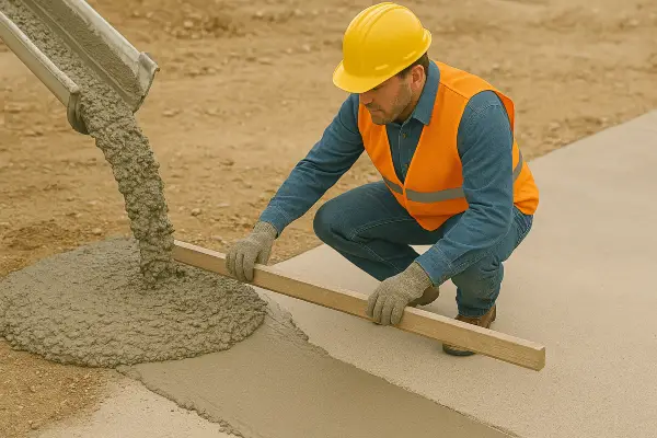 a concrete worker using a piece of wood to spread fresh cement for a sidewalk from ES Concrete Solutions in Kyle, TX - Kyle TX a concrete worker using a piece of wood to spread fresh cement for a sidewalk from ES Concrete Solutions in Kyle, TX - Kyle TX
