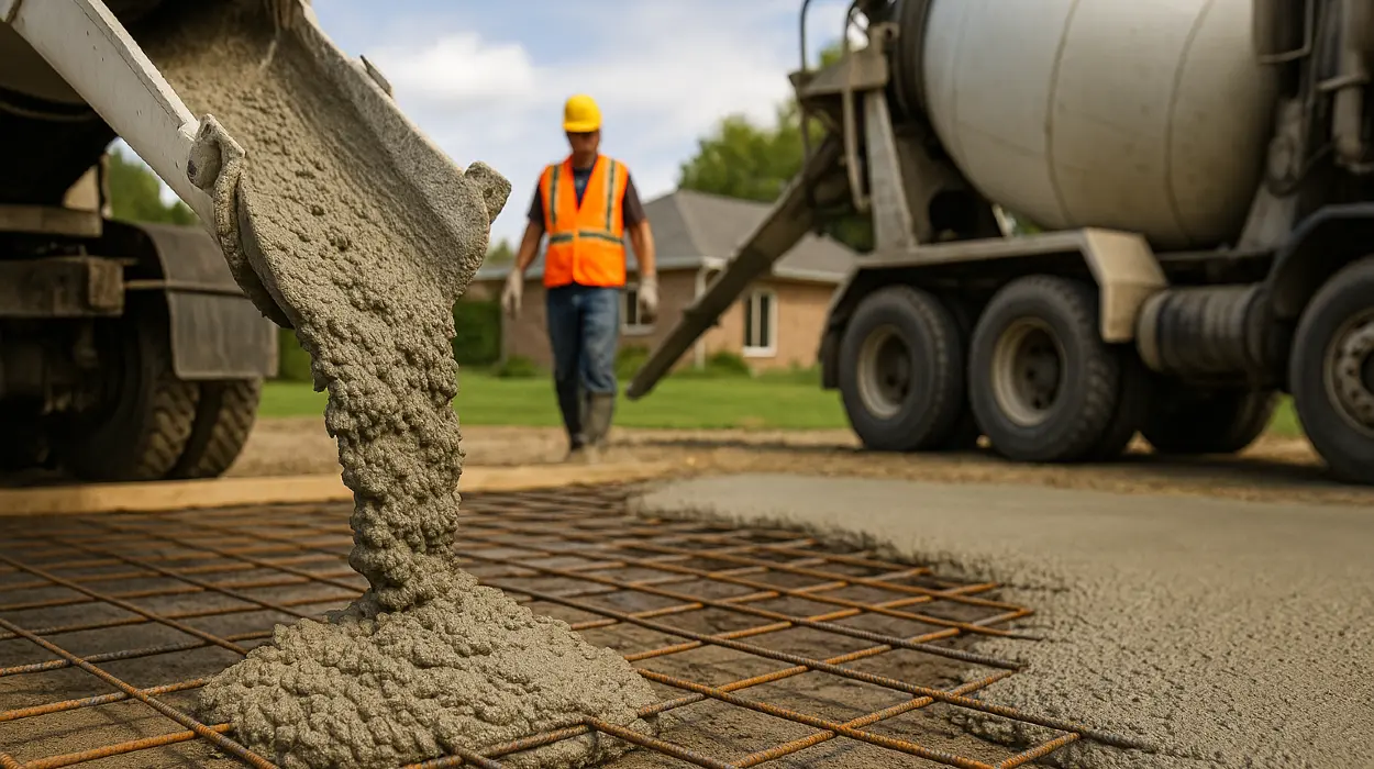 Cement truck pouring cement on a rebared ground from ES Concrete Solutions in Leander, TX - Leander TX Cement truck pouring cement on a rebared ground from ES Concrete Solutions in Leander, TX - Leander TX
