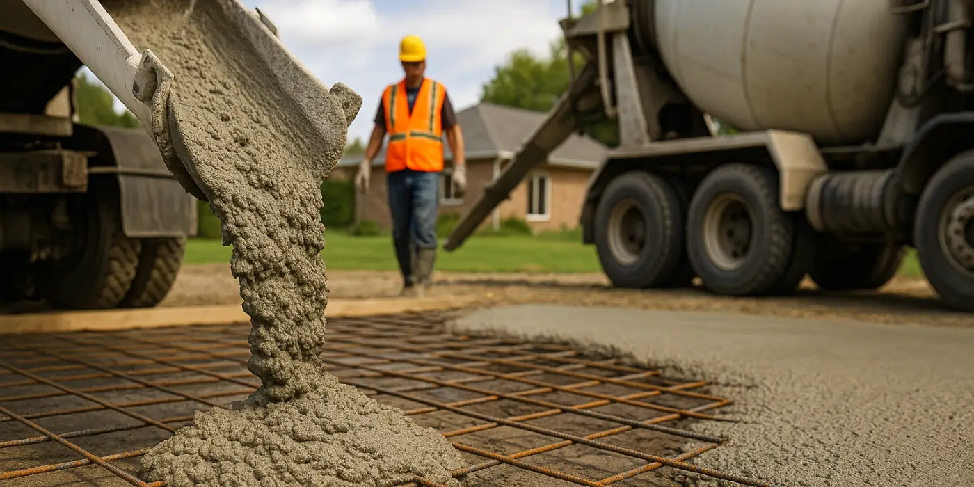 Cement truck pouring cement on a rebared ground from ES Concrete Solutions in Leander, TX - Leander TX Cement truck pouring cement on a rebared ground from ES Concrete Solutions in Leander, TX - Leander TX