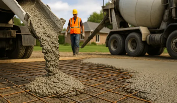 Cement truck pouring cement on a rebared ground from ES Concrete Solutions in Leander, TX - Leander TX Cement truck pouring cement on a rebared ground from ES Concrete Solutions in Leander, TX - Leander TX