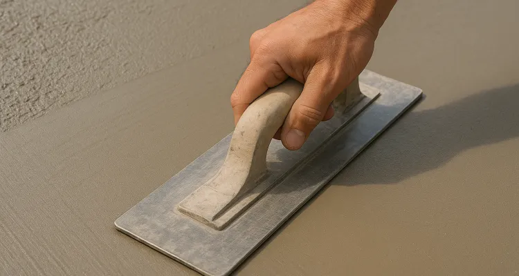 a hand trowel being used on a fresh cement slab to smooth it from ES Concrete Solutions in San Marcos, TX - San Marcos TX